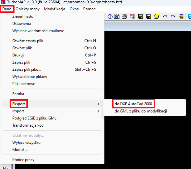 Widok menu głównego programu: Dane oraz Eksport Widok menu głównego programu: Dane oraz Eksport