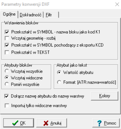 Widok okna 'Parametry konwersji DXF' Widok okna 'Parametry konwersji DXF'