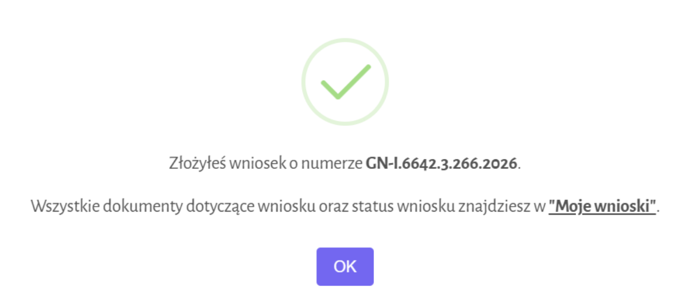 Widok okna potwierdzającego złożenie wniosku