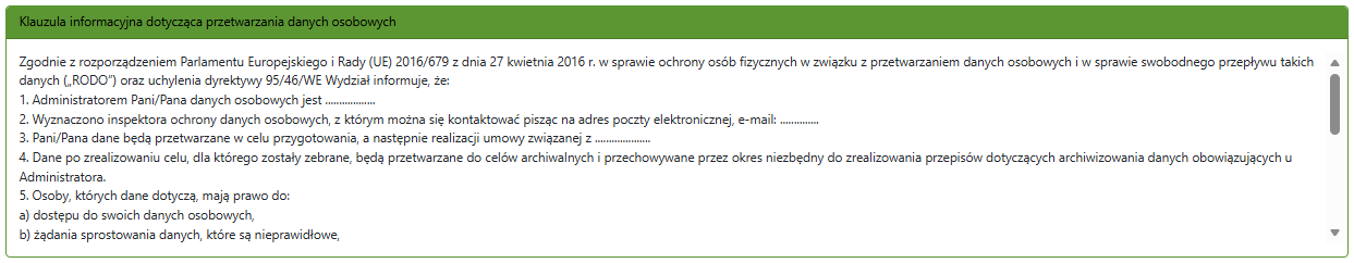 Widok części wniosku z klauzulą informacyjną