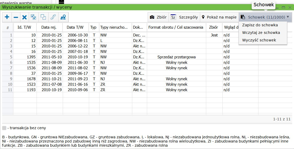 Widok okna wyszukiwania transakcji/wyceny z dodanymi pozycjami na liście Widok okna wyszukiwania transakcji/wyceny z dodanymi pozycjami na liście